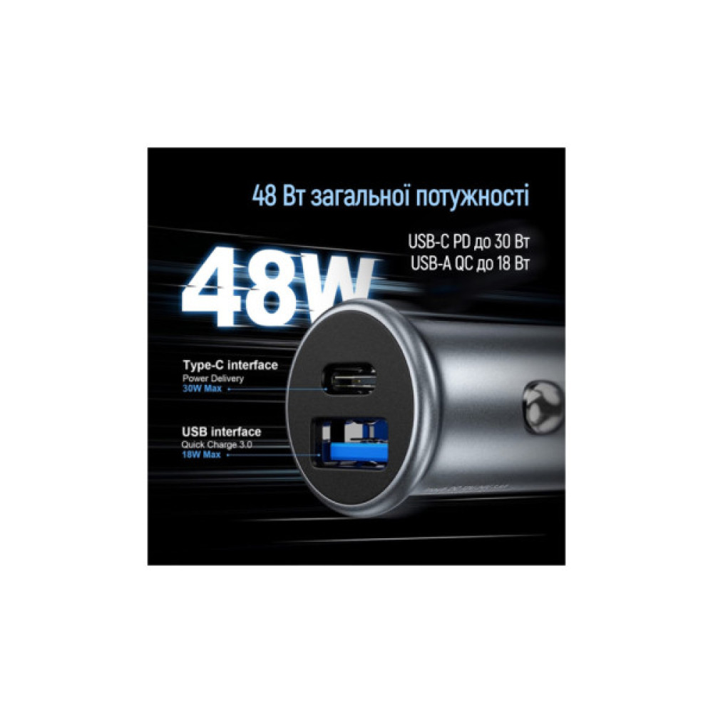 Зарядний пристрій ColorWay USB-C PD30W + USB QC3.0 car adapter (CW-CHA065PD-GR)