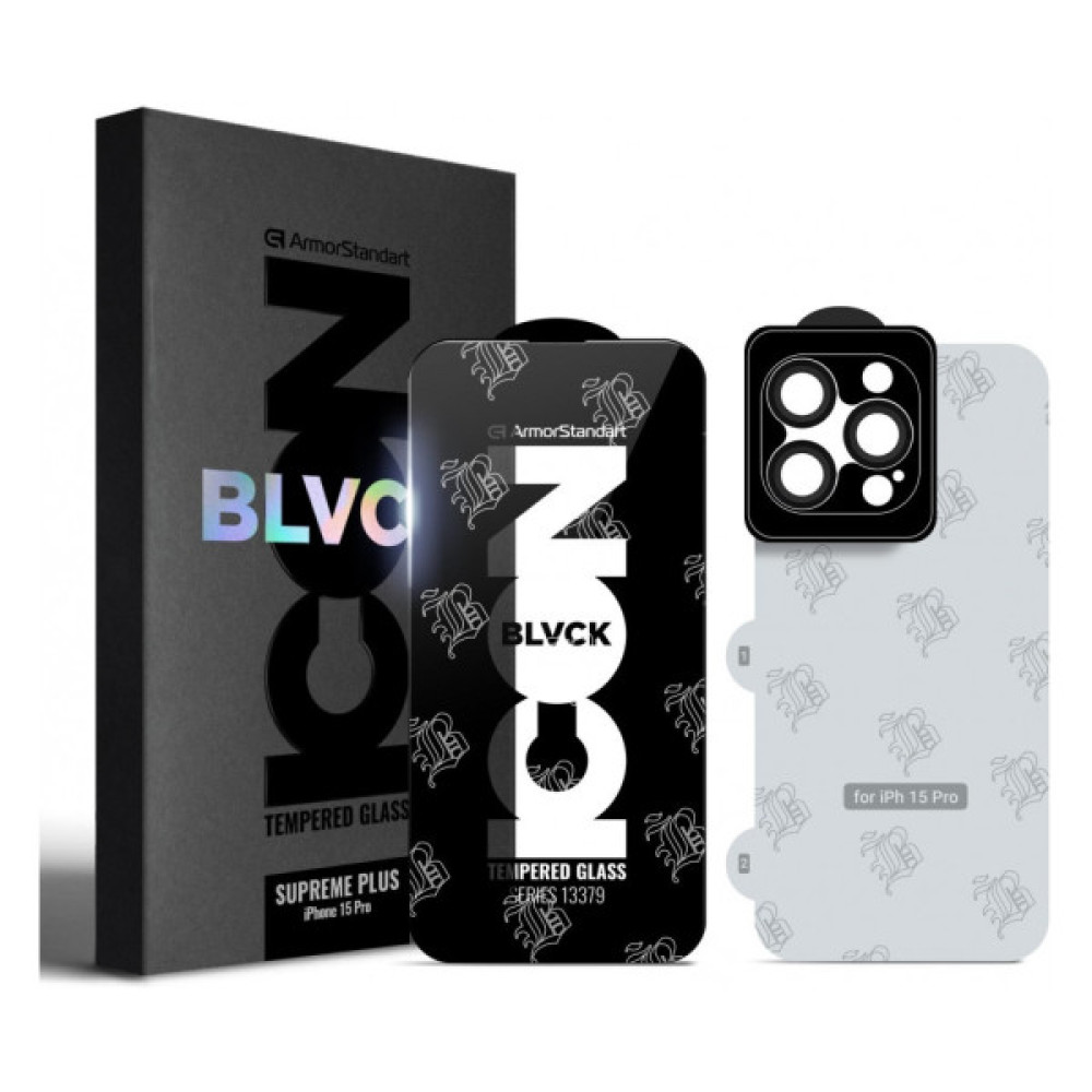 Скло захисне Armorstandart Supreme Set Black Icon Apple iPhone 15 Pro (ARM74187) Скло захисне Armorstandart Supreme Set Black Icon Apple iPhone 15 Pro (ARM74187)