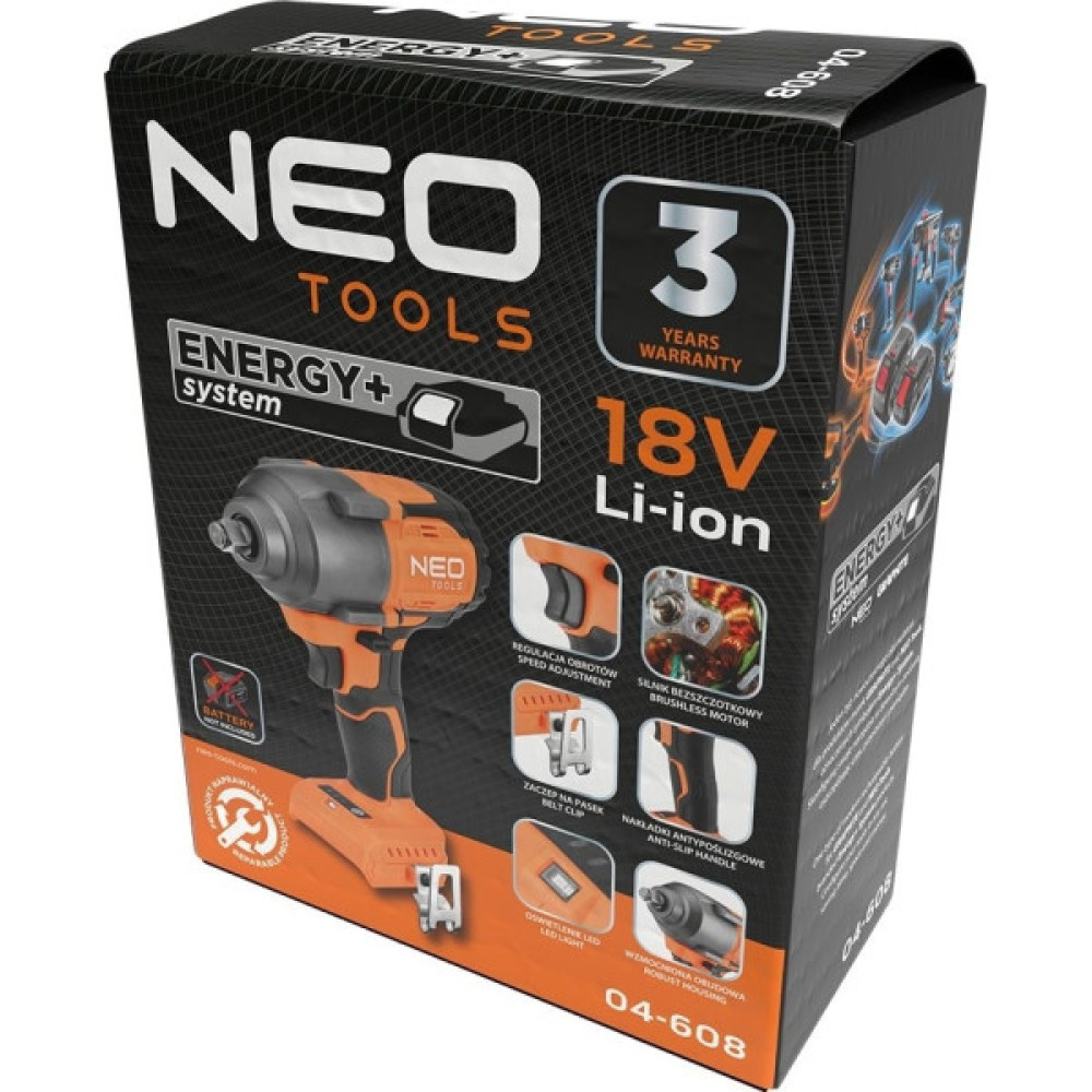 Гайковерт ударний Neo Tools Energy+ 18В безщітковий 2400об·хв 850Нм 1/2" 3 швидкості 1.8кг без АКБ та ЗП