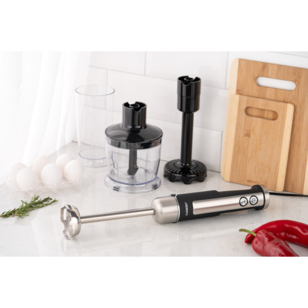 Блендер ARDESTO заглибний 1000Вт, 3в1, чаша-600мл, чопер-500мл, насадка для пюре, чорно-сріблястий