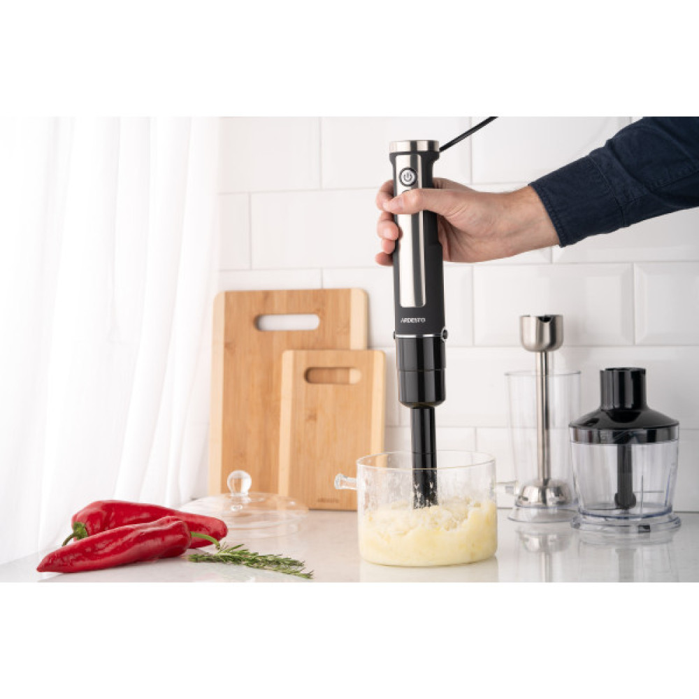 Блендер ARDESTO заглибний 1000Вт, 3в1, чаша-600мл, чопер-500мл, насадка для пюре, чорно-сріблястий
