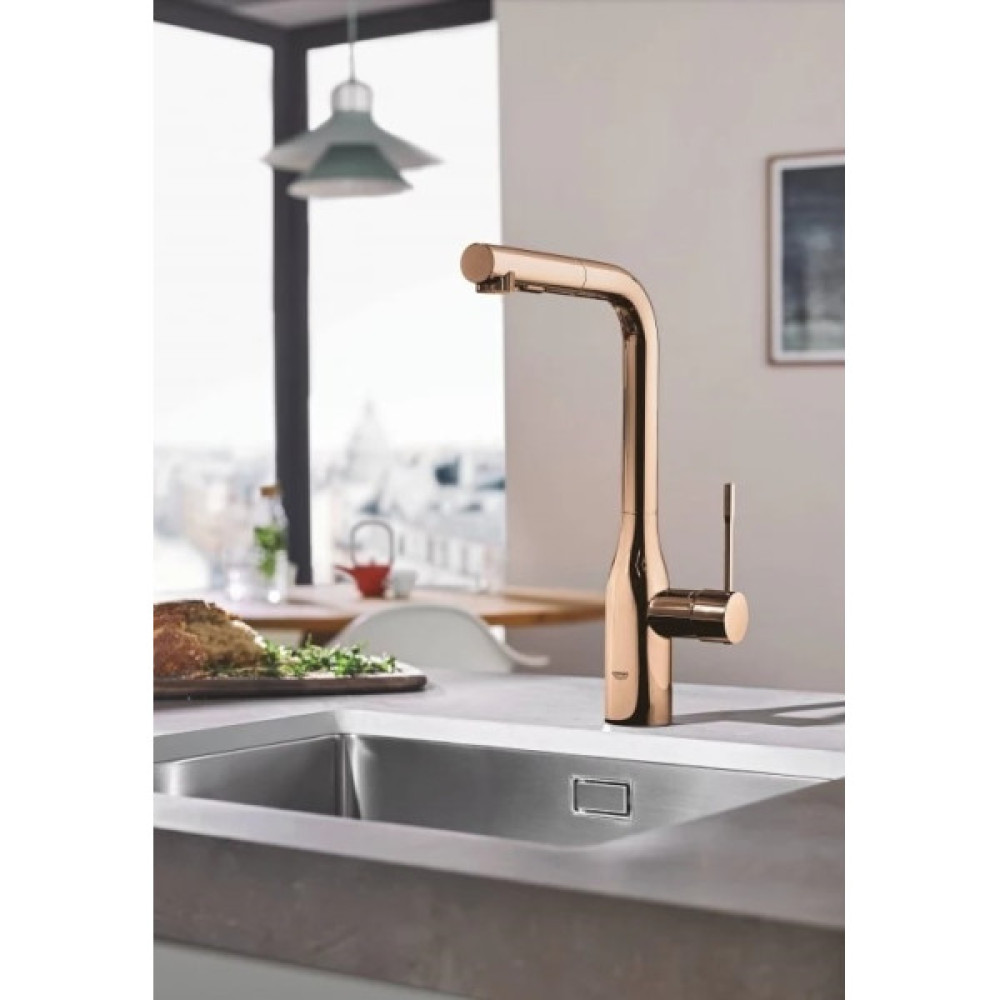Змішувач для кухні Grohe Essence, довж.виливу - 204мм, поворотний/витяжний, 1важіль, теплий захід сонця