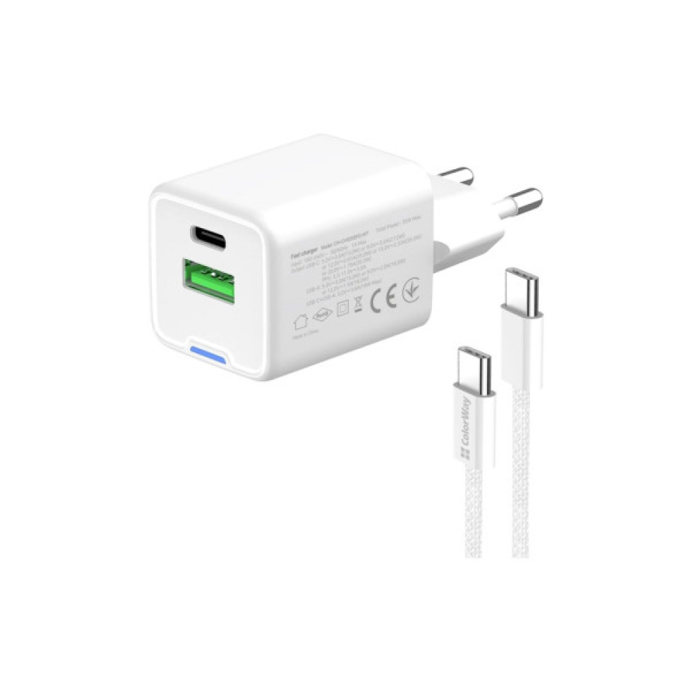Зарядний пристрій ColorWay GaN Mini 35W PD Port PPS USB (Type-C PD + USB QC4.0) cable Type-C (CW-CHS055PDC-WT)