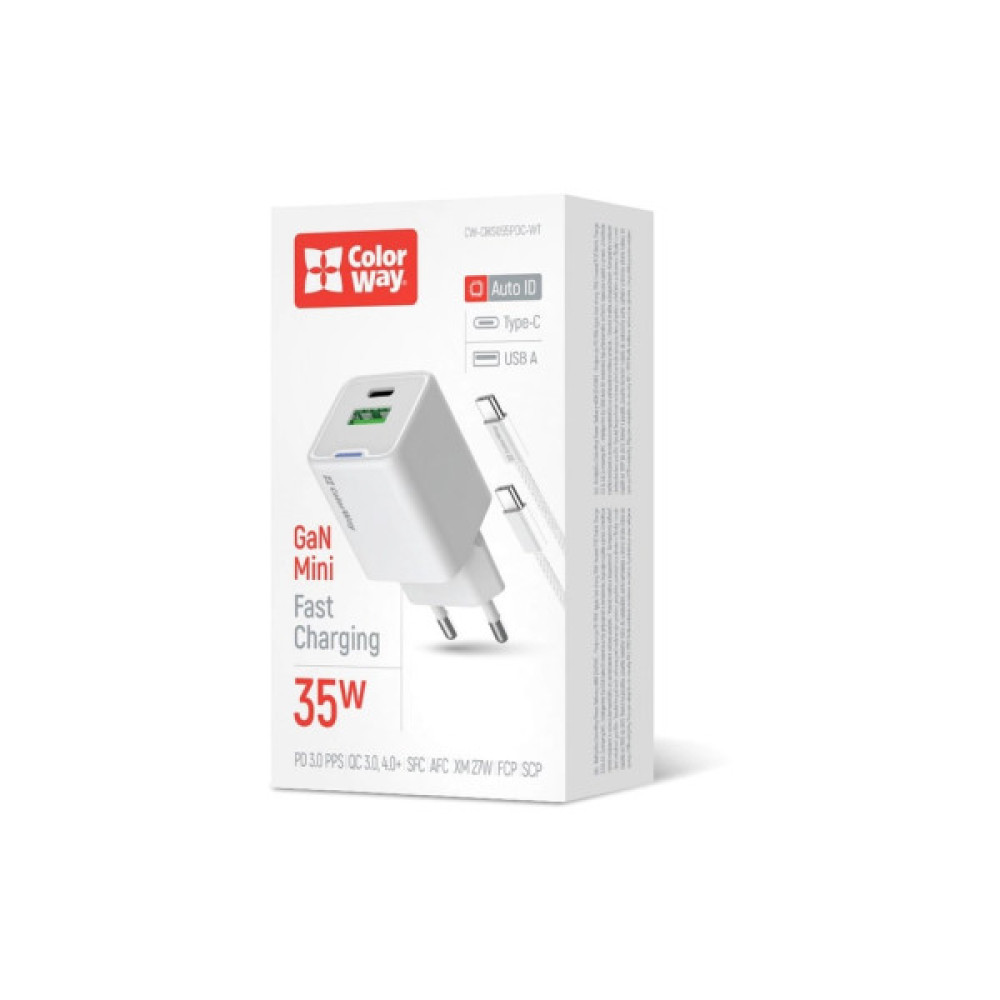 Зарядний пристрій ColorWay GaN Mini 35W PD Port PPS USB (Type-C PD + USB QC4.0) cable Type-C (CW-CHS055PDC-WT)