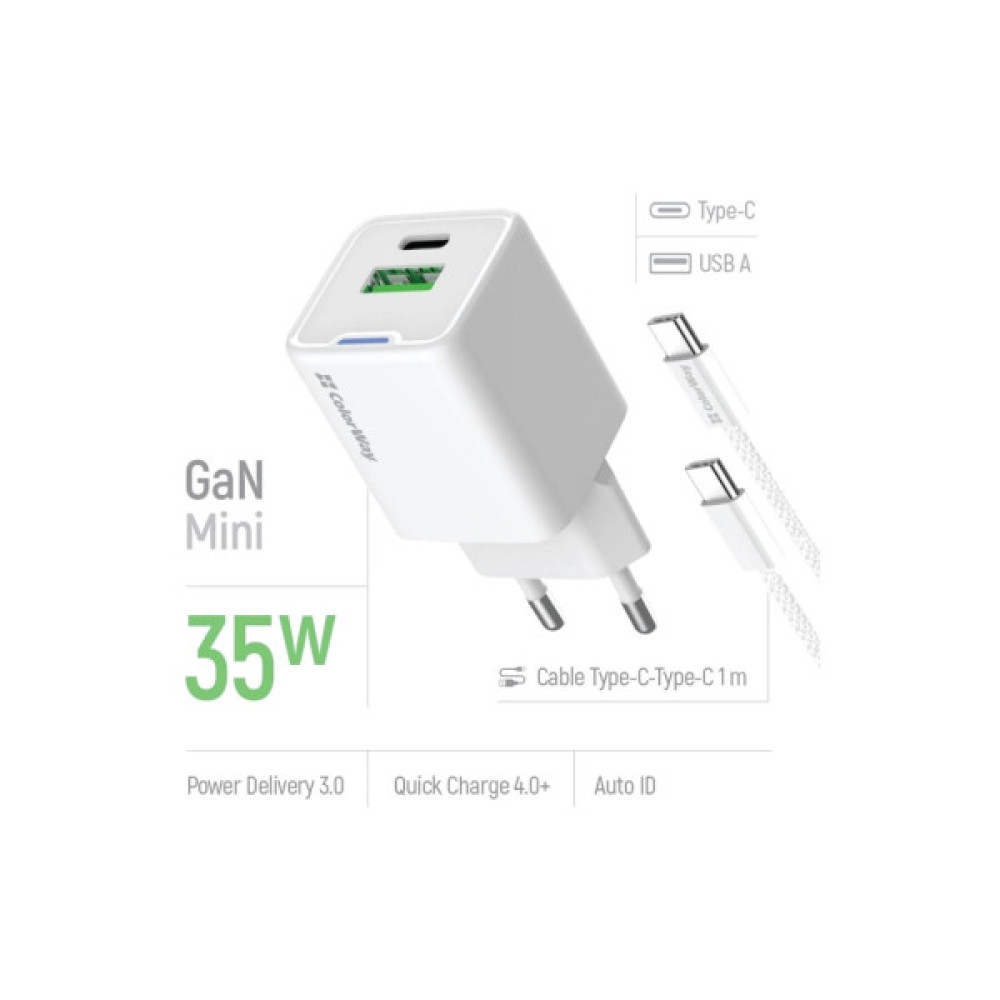 Зарядний пристрій ColorWay GaN Mini 35W PD Port PPS USB (Type-C PD + USB QC4.0) cable Type-C (CW-CHS055PDC-WT)