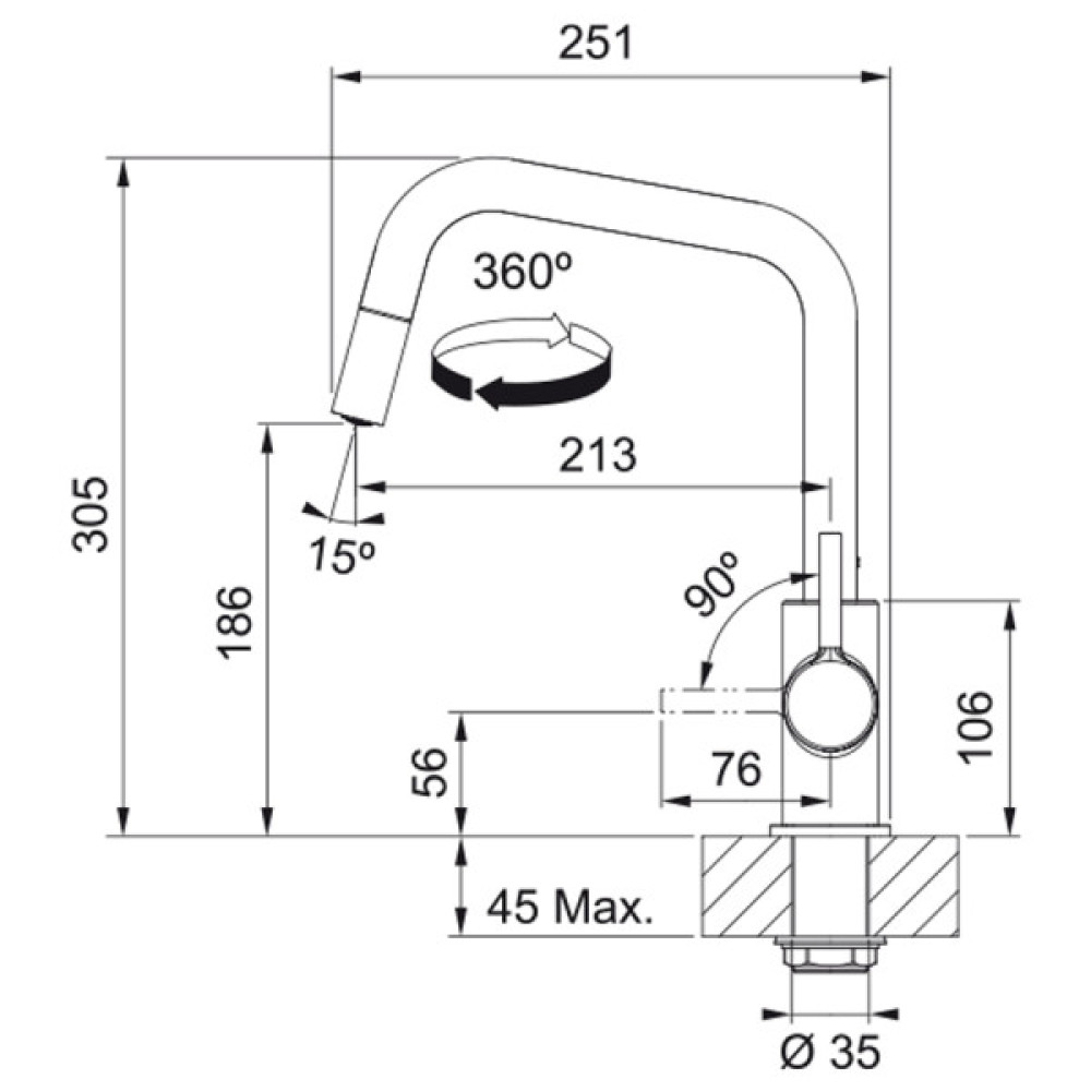 Змішувач для кухні Franke Lina U Pull Down, довж.виливу - 251мм, витяжний, поворотний, 1важіль, чорний матовий