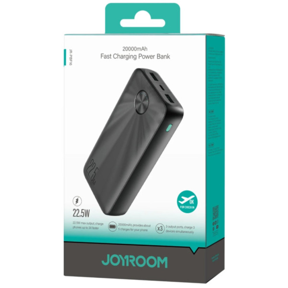 Батарея універсальна JOYROOM 20000mAh 22,5W PD, QC/3.0, 2*USB-A, USB-C In/Out Black (JR-PBF16)