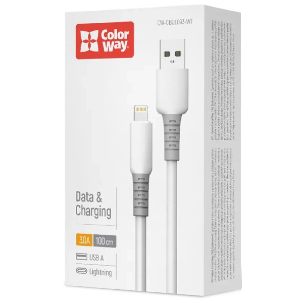 Дата кабель USB 2.0 AM to Lightning 1.0m 3A liquid silicone white ColorWay (CW-CBUL093-WT)