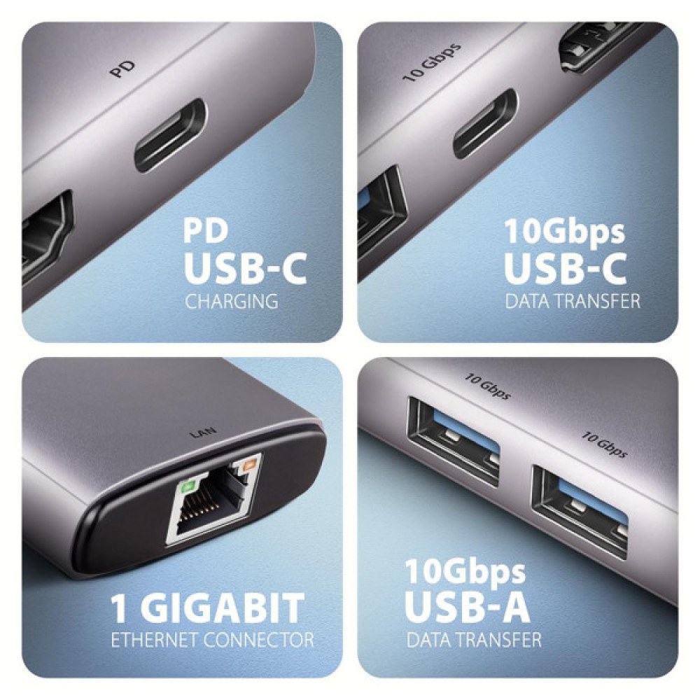 Концентратор AXAGON USB-C to 2xUSB-A + 1xUSB-C + HDMI + RJ45 + PD100W 0.15m gray (HMC-6G2L)