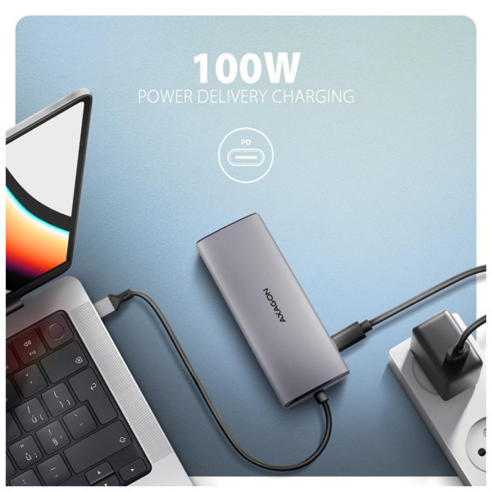 Концентратор AXAGON USB-C to 2xUSB-A + 1xUSB-C + HDMI + RJ45 + PD100W 0.15m gray (HMC-6G2L)