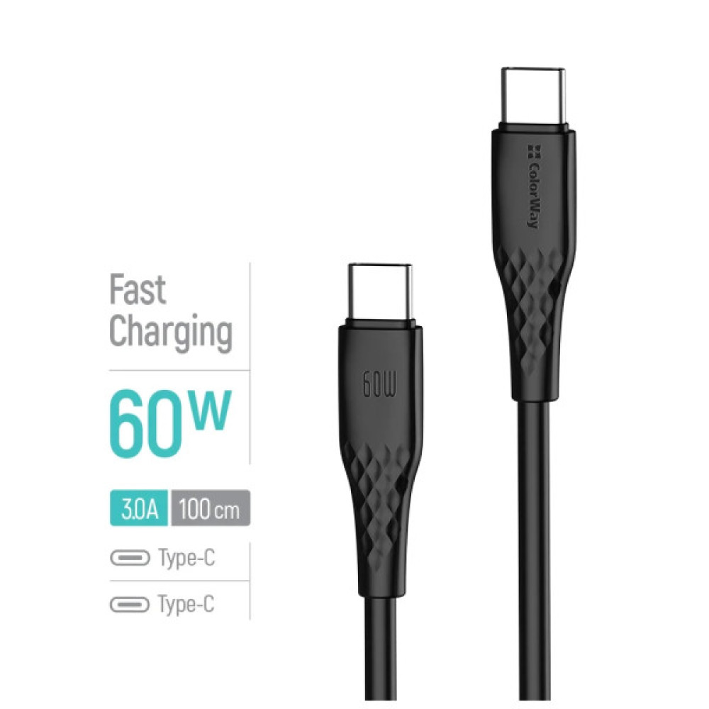 Дата кабель USB-C to USB-C 1.0m 3A 60W textured PVC black ColorWay (CW-CBPDCC094-BK)