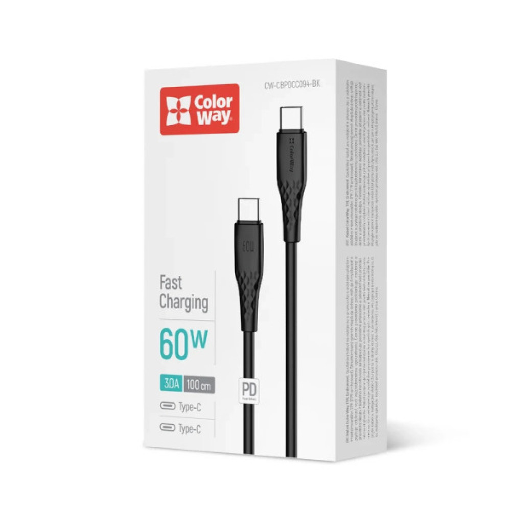Дата кабель USB-C to USB-C 1.0m 3A 60W textured PVC black ColorWay (CW-CBPDCC094-BK)