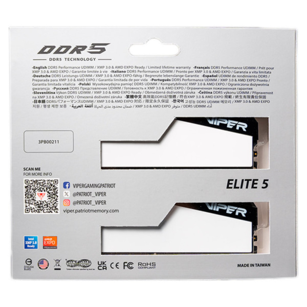 Модуль пам'яті для комп'ютера DDR5 64GB (2x32GB) 6400 MHz Viper Elite 5 Patriot (VEB564G6432KW)