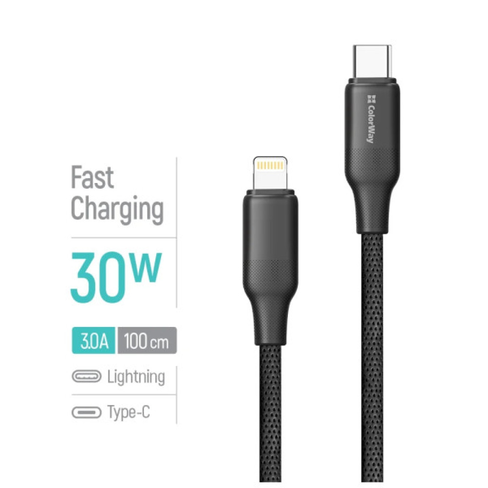 Дата кабель USB-C to Lightning 1.0m PD30W TPE embossed black ColorWay (CW-CBPDCL101-BK)