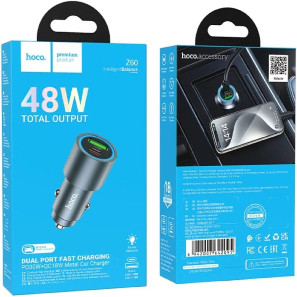 Зарядний пристрій HOCO 1xUSB-C PD30W + 1xUSB QC3.0 48W car adapter Z60 gray (6942007642095)