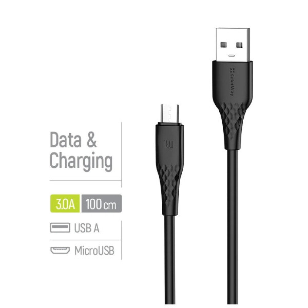 Дата кабель USB 2.0 AM to Micro 5P 1.0m 3A textured PVC black ColorWay (CW-CBUM094-BK)
