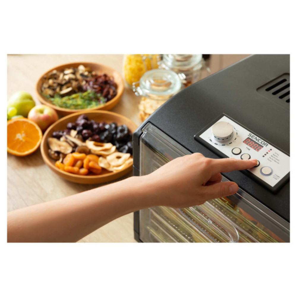 Сушарка для продуктів Sencor 500Вт, піддонів -2x33см, діаметр-33см, макс-70°С, сітка для ягід в компл., алюміній, пластик , чорний