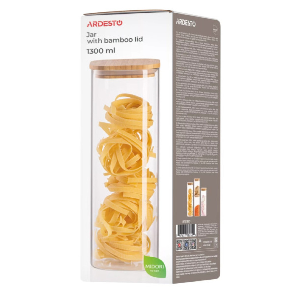 Ємність для сипучих продуктів ARDESTO Midori 1300мл, скло, бамбук, квадратна, прозорий (AR1313BBS)