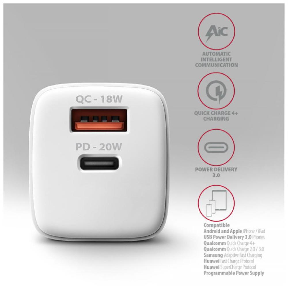 Зарядний пристрій AXAGON 1xUSB QC3.0 + 1xUSB-C PD20W white (ACU-PQ20W)