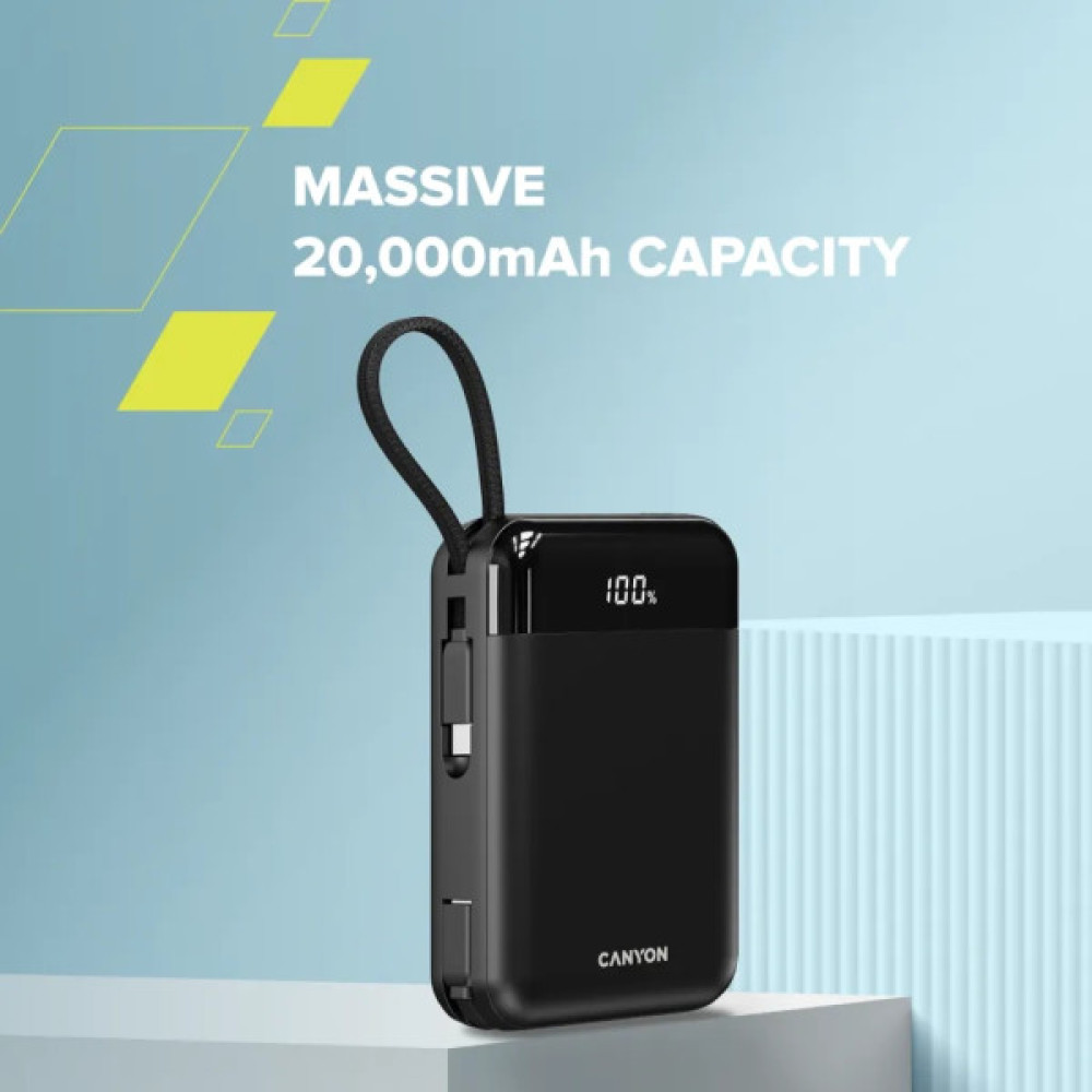 Батарея універсальна Canyon 20000mAh OnPower 204 PD/20W Built-in Lightning Cable (CNS-CPB204B)