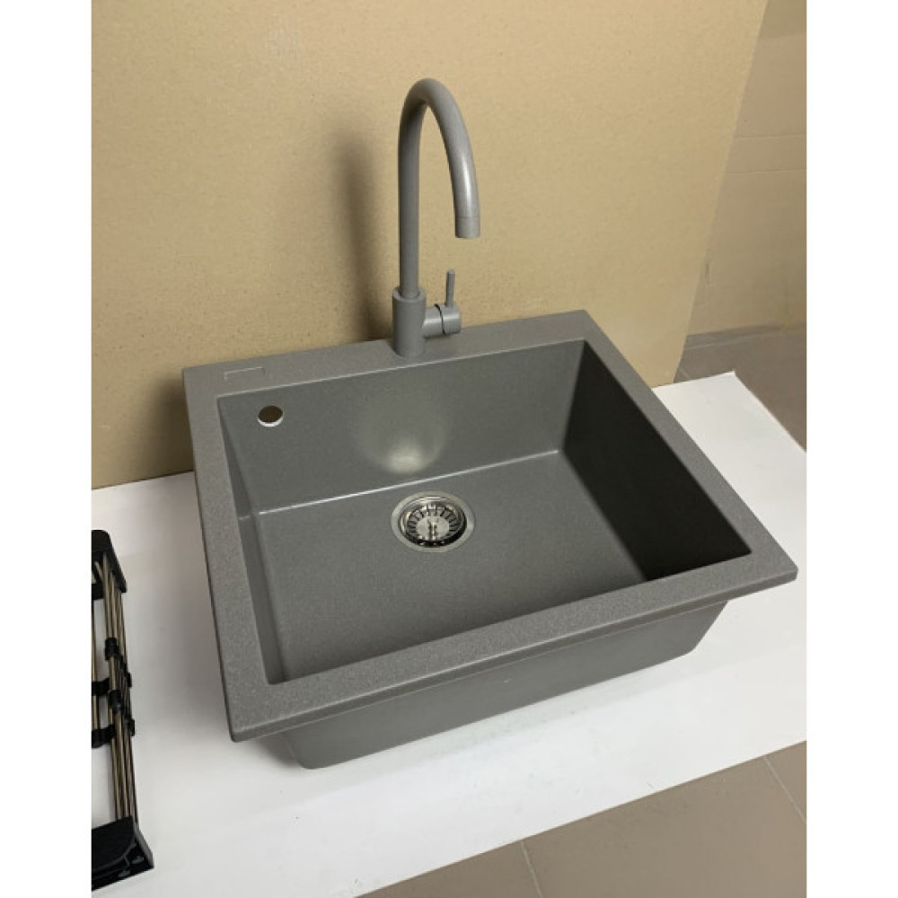 Набір кухонний Adamant Univer, штучний камінь, квадрат, без крила, 560х500х200мм, чаша - 1, врізна, сірий + змішувач + дозатор + ополіскувач склянок + коландер