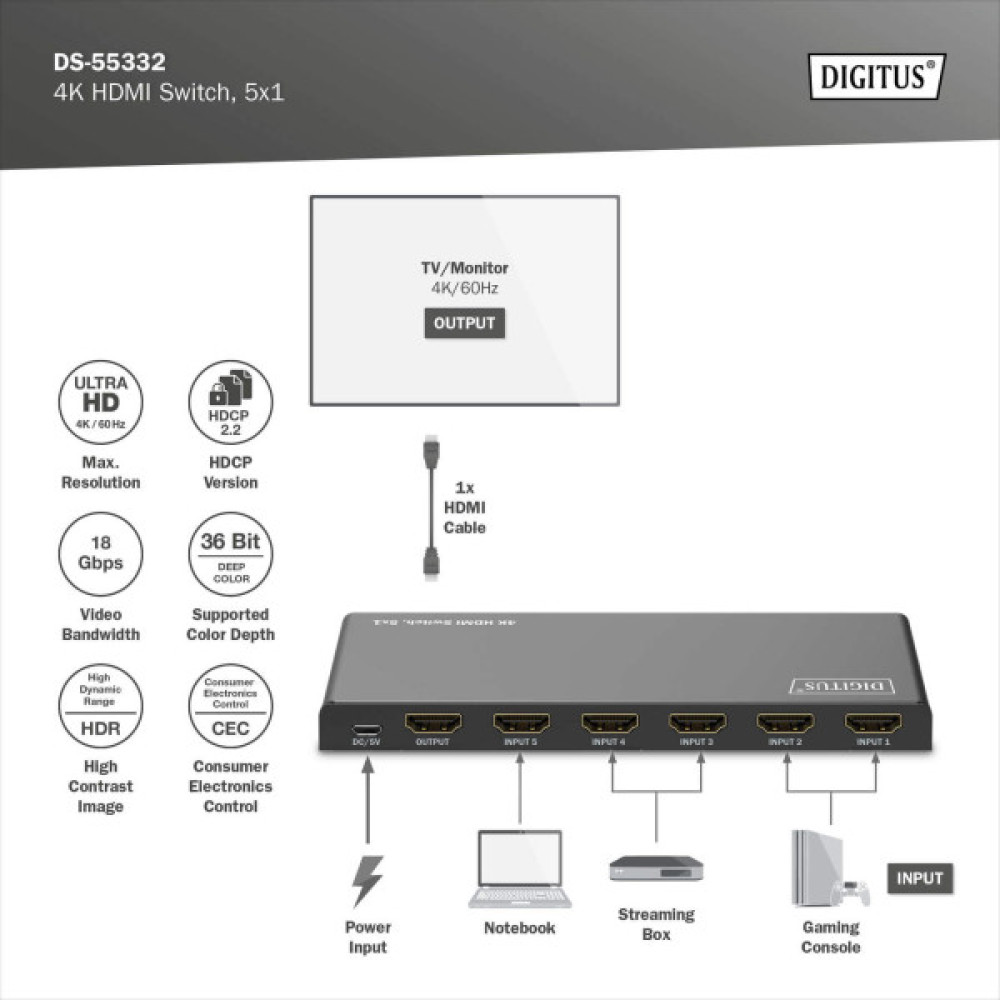 Відеокомутатор DIGITUS UHD HDMI (INx5 - OUTx1), 4K