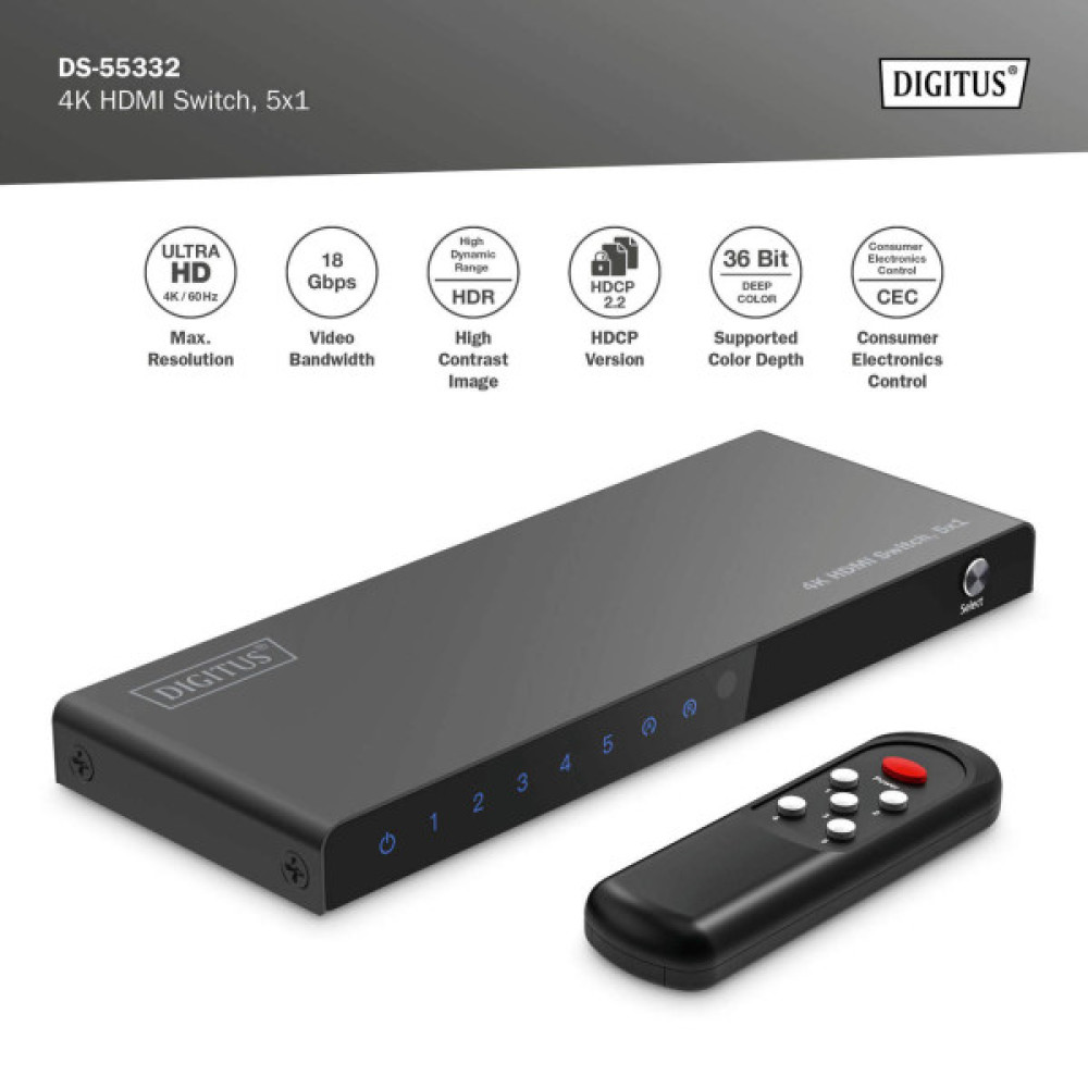 Відеокомутатор DIGITUS UHD HDMI (INx5 - OUTx1), 4K