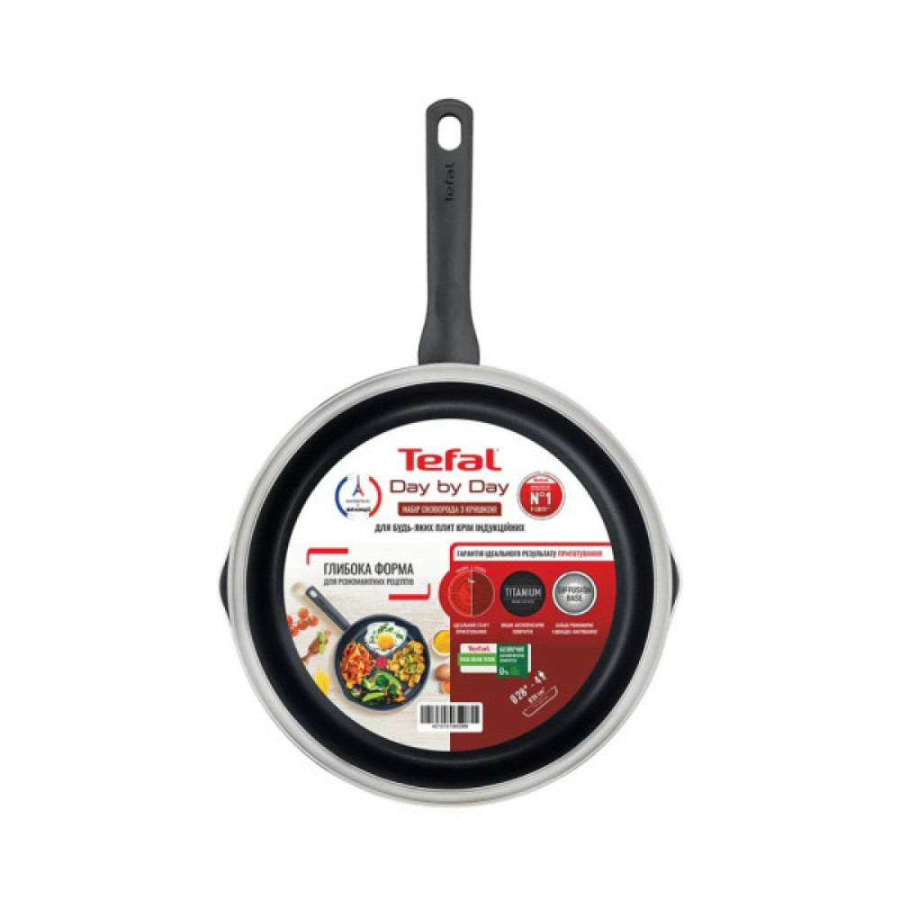 Сковорода Tefal Day by Day 28 см, з кришкою, алюміній, бакеліт, скло, чорний (B5580623UA)