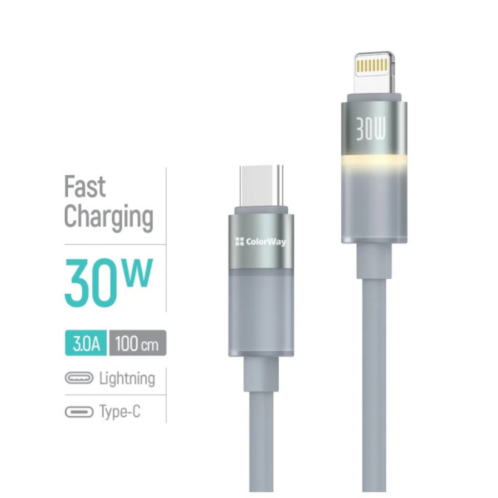 Дата кабель USB-C to Lightning 1.0m PD30W warm light gray ColorWay (CW-CBPDCL092-GR)