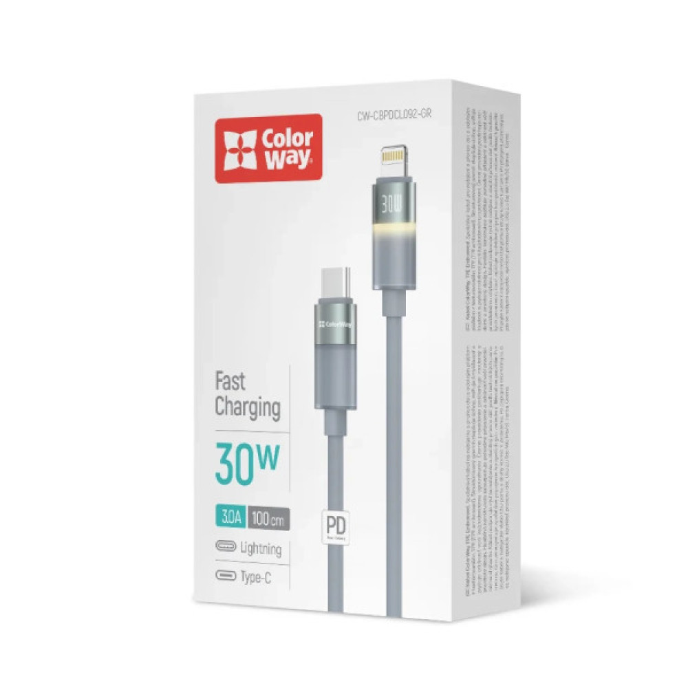 Дата кабель USB-C to Lightning 1.0m PD30W warm light gray ColorWay (CW-CBPDCL092-GR)