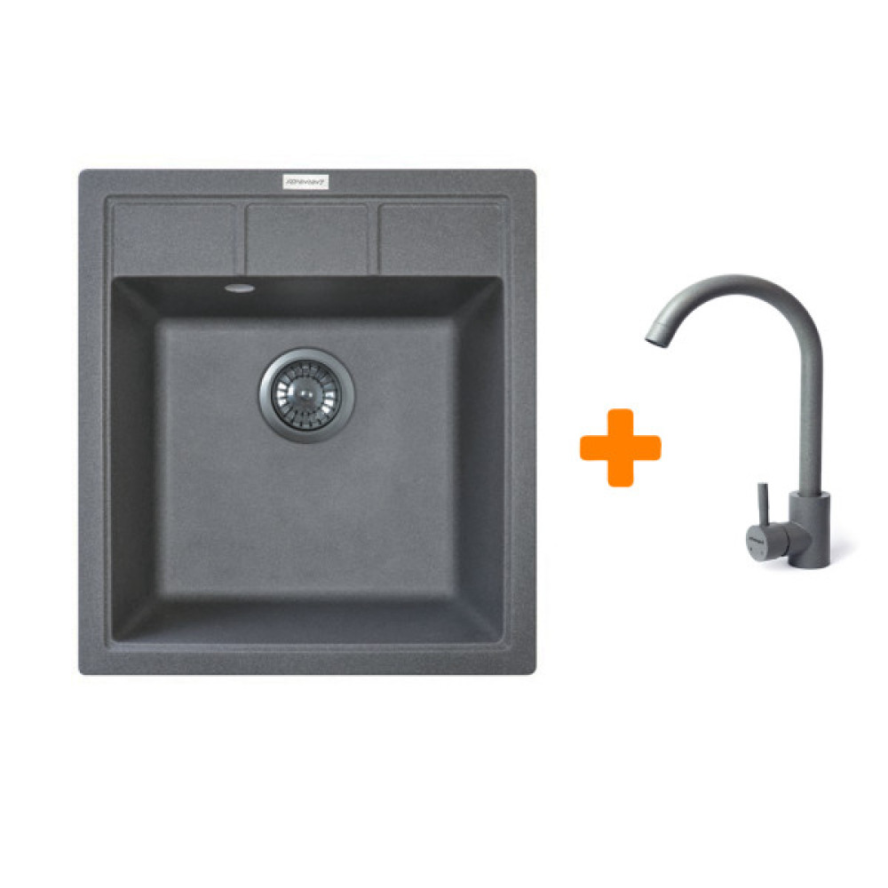 Набір кухонна Adamant Brick, штучний камінь, квадрат, без крила, 460x515x200мм, чаша - 1, врізна, сірий + змішувач