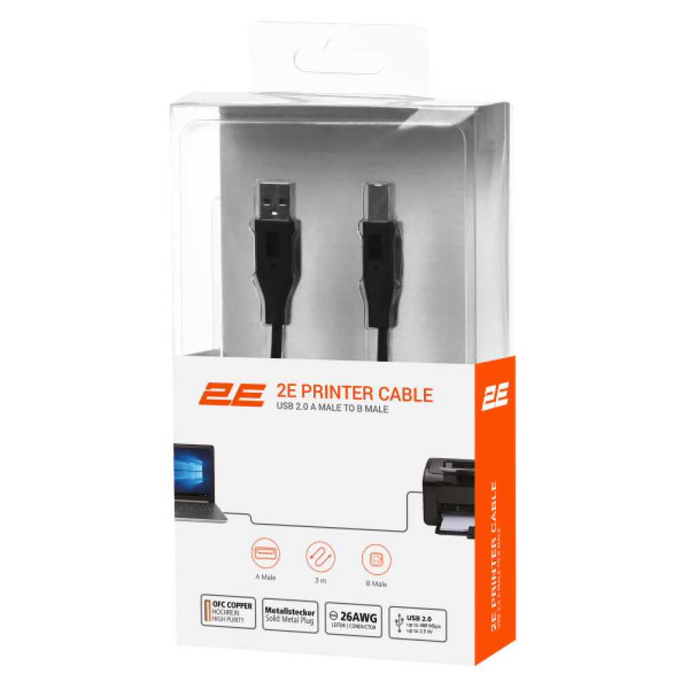 Кабель 2E USB-A > USB-B (AM/BM) синхронізації 3м, чорний