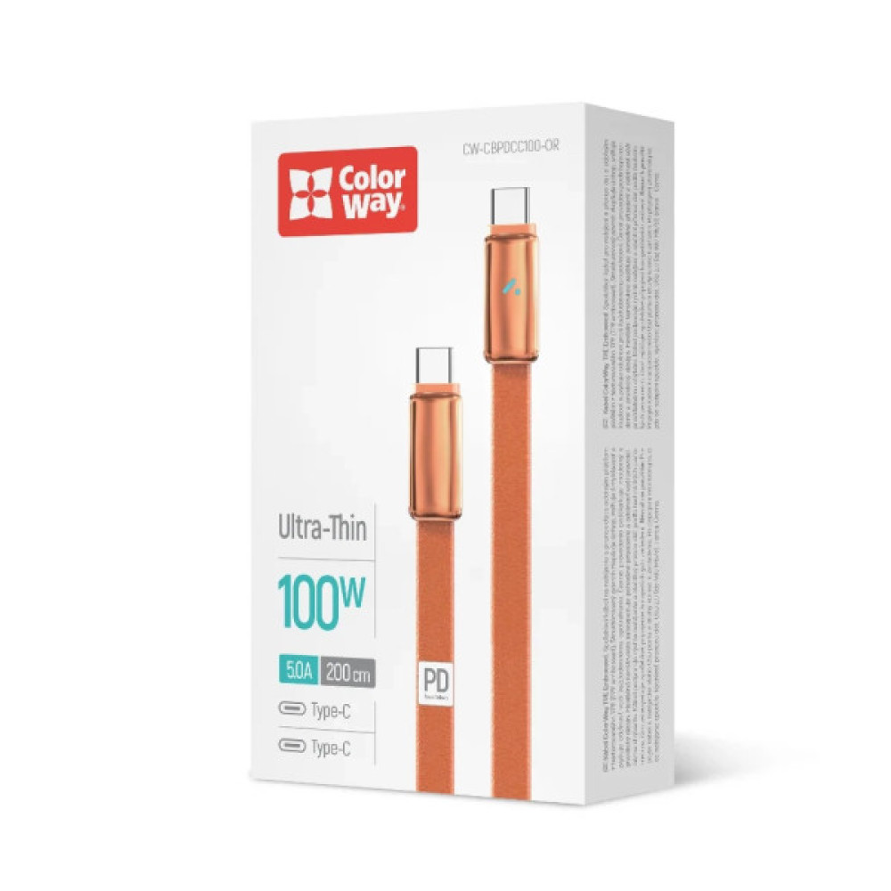 Дата кабель USB-C to USB-C 1.0m 5A 100W ultra-thin orange ColorWay (CW-CBPDCC100-OR)