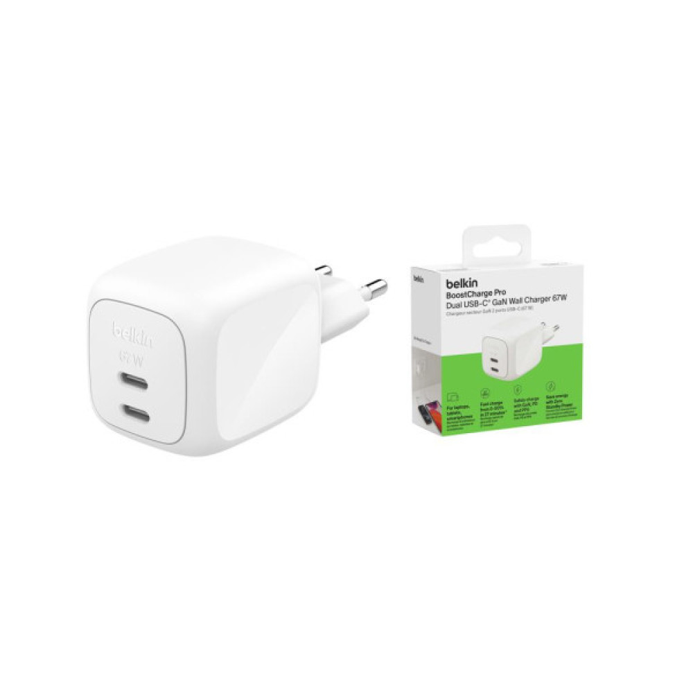 Зарядний пристрій Belkin 2xUSB-C PD67W GaN PPS white (WCH020KQWH)