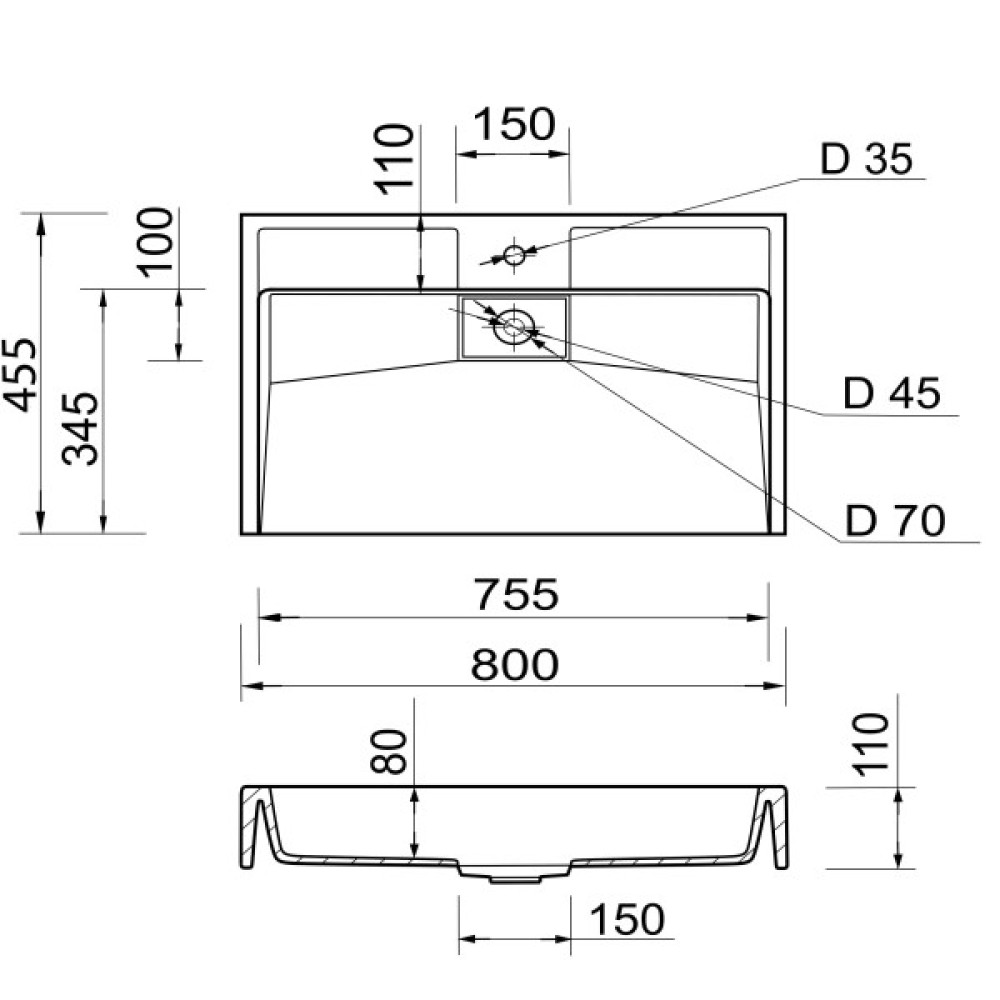 Раковина, умивальник Adamant VISION, штучний камінь, прямокут., з отвором для змішувача, без переливу, 800х455х110мм, накладний, білий
