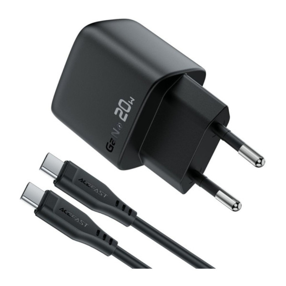 Зарядний пристрій Acefast USB-C 20W GaN + cable USB-C with digital display black (6974316284420)