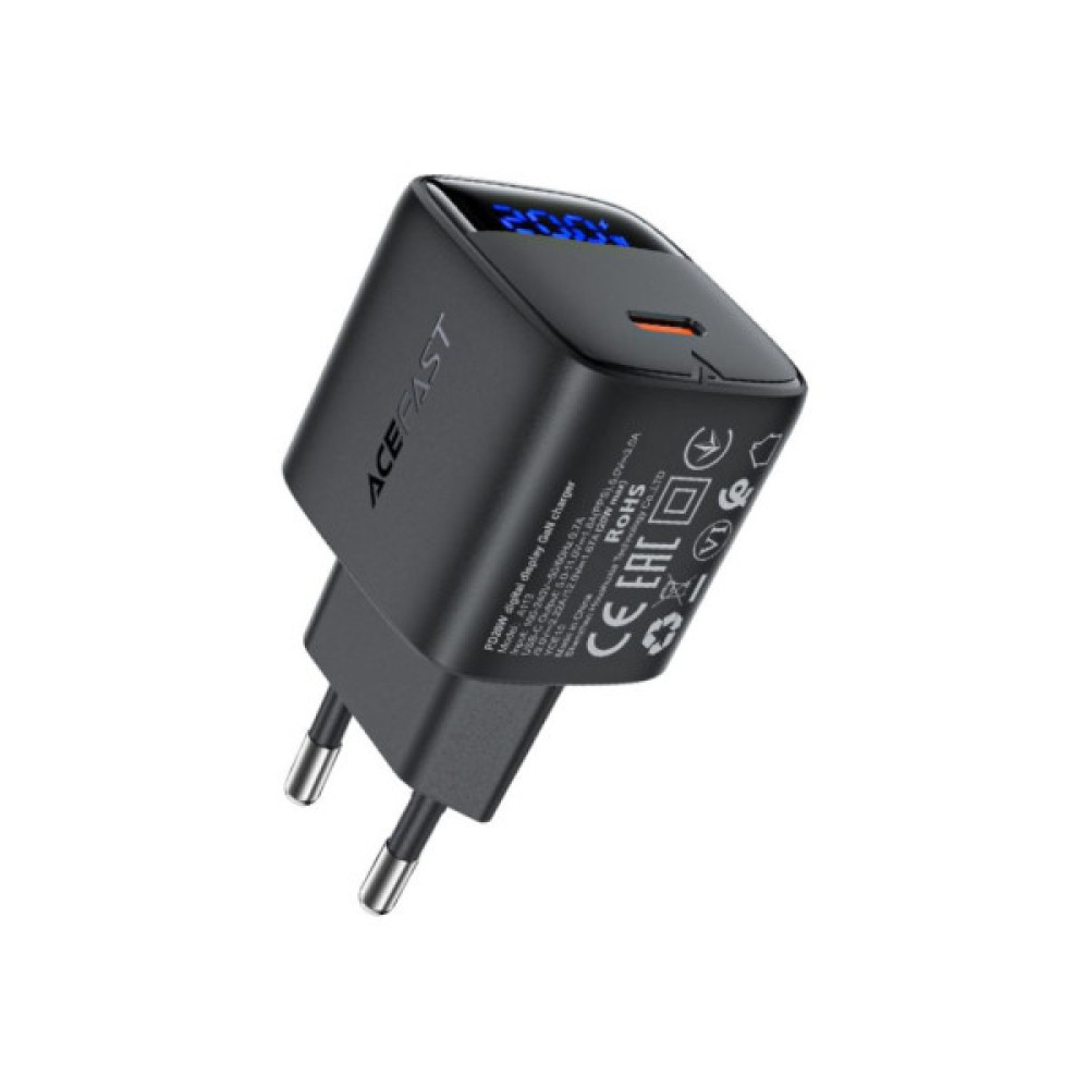 Зарядний пристрій Acefast USB-C 20W GaN + cable USB-C with digital display black (6974316284420)