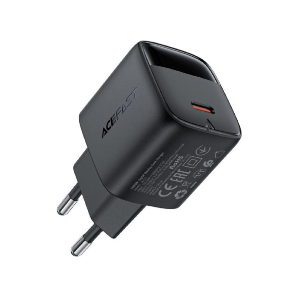 Зарядний пристрій Acefast USB-C 20W GaN + cable USB-C with digital display black (6974316284420)