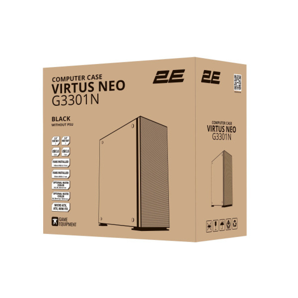 Корпус 2E GAMING Virtus Neo G3301N без БЖ 2xUSB3.0, 1xUSB2.0, 3x140мм ARGB, 1x120мм ARGB,  VGA 340мм, LCS ready, контролер з пультом, TG Side Panel, ATX, чорний
