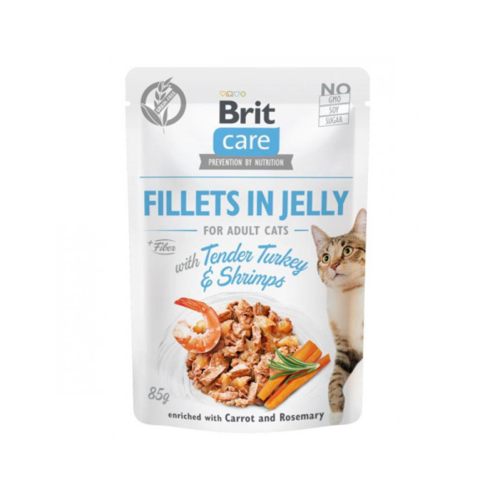 Вологий корм для кішок Brit Care Cat pouch 85 г (індичка з креветками в желе) (8595602540570)