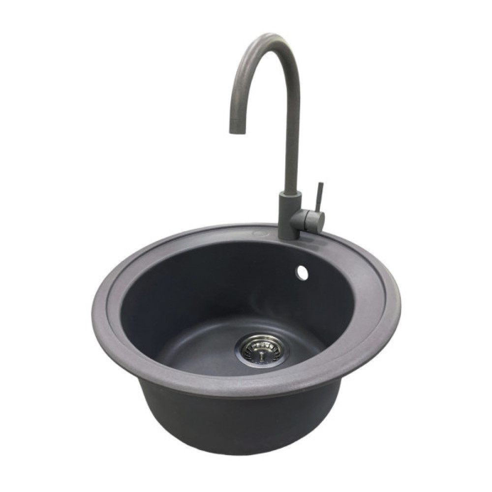 Набір кухонна Adamant Sun, штучний камінь, кругла, без крила, 510x200мм, чаша - 1, врізна, сірий + змішувач