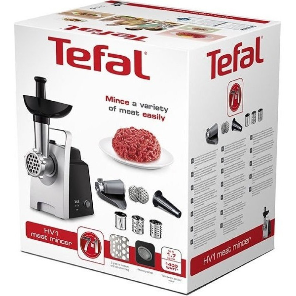 М'ясорубка Tefal HV1 7in1, 1400Вт, 1.7кг/хв, 2 решітки, насадка для ковбас, томатів, 3 терки, пластик, чорний