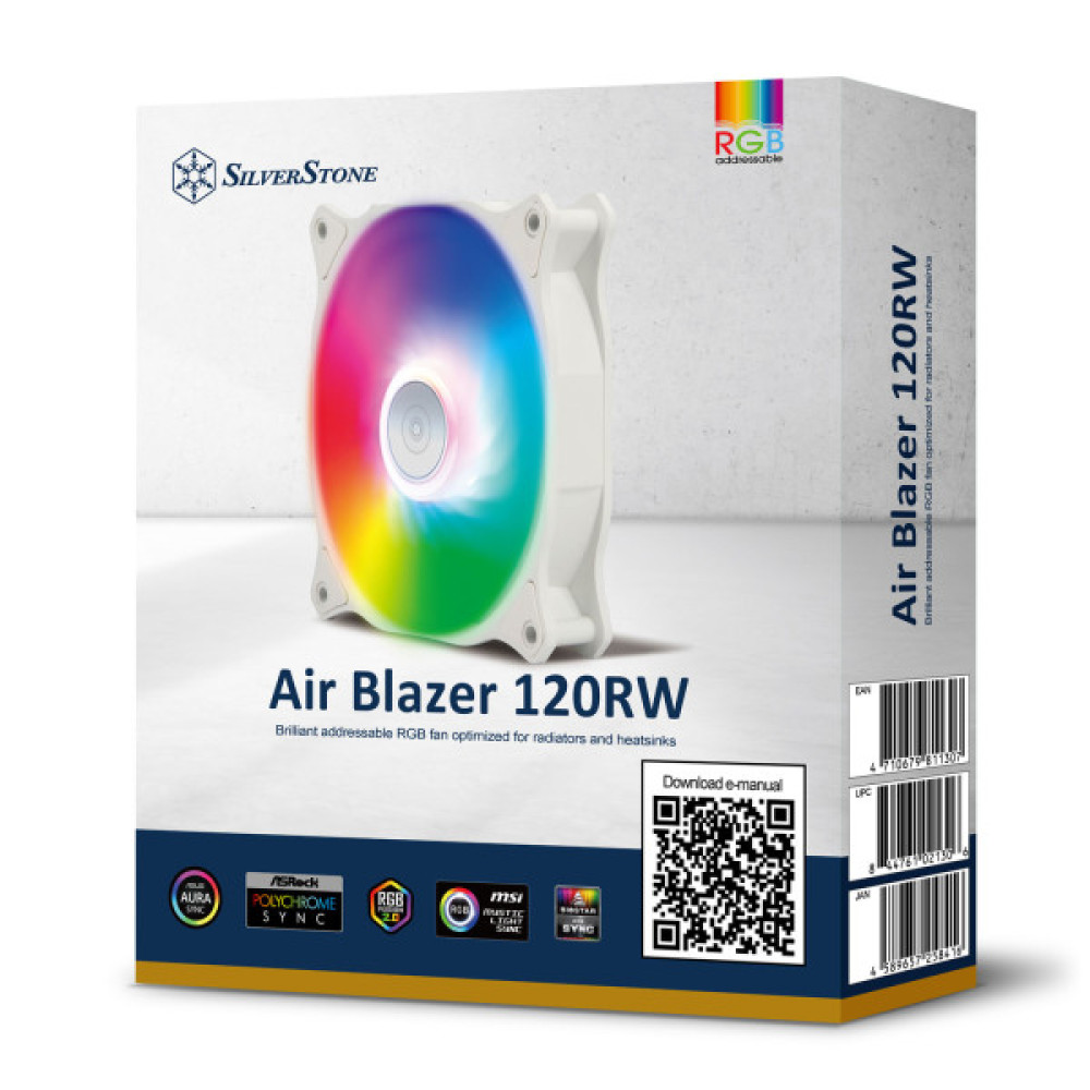 Корпусний вентилятор SilverStone Air Blazer 120RW-ARGB, 120мм, 600-2200rpm, 4pin PWM, 3pin +5VARGB, 7.4-35.6dBa, білий