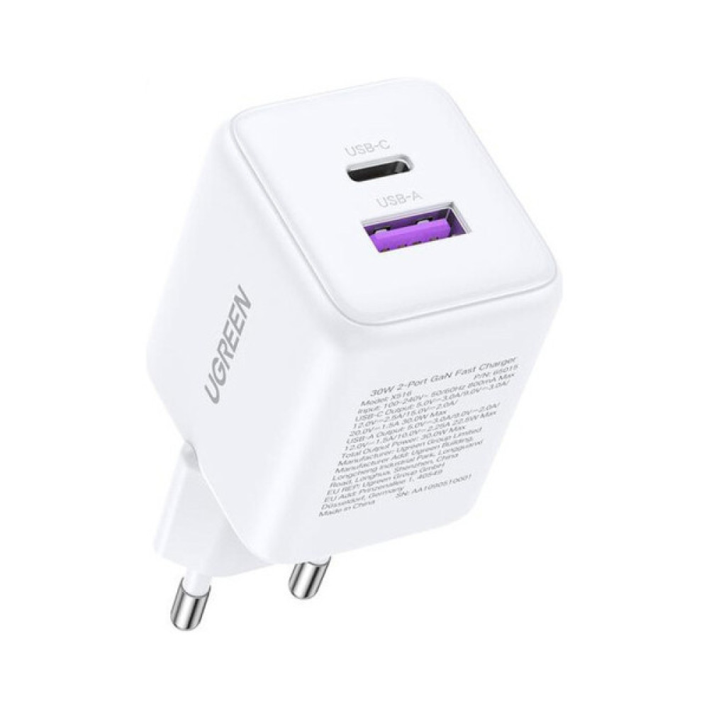 Зарядний пристрій Ugreen USB + USB-C GaN 30W X516 white (65015)