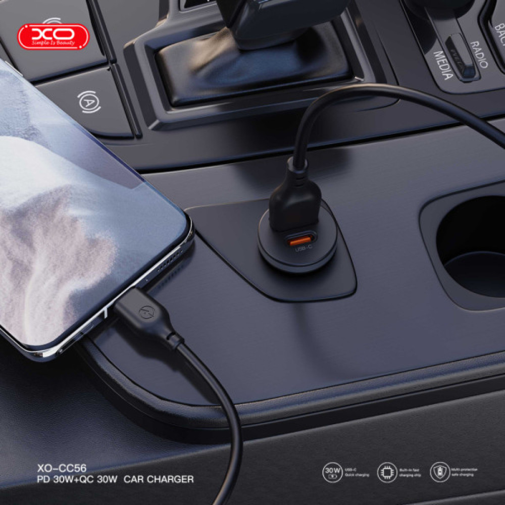 Зарядний пристрій XO CC56 USB-C PD30W + USB-A Black (CC56_Black)