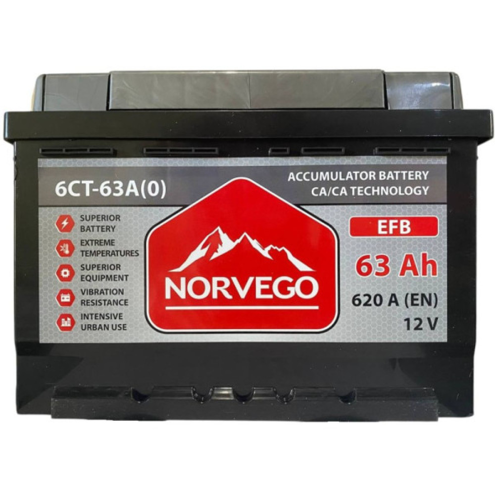 Акумулятор автомобільний NORVEGO ВЕСТА EFB 63A +прав (0) (620 пуск)