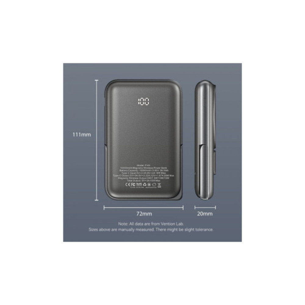 Батарея універсальна VENTION Magnetic Wireless 10000mAh 20W PD USB-C In/Out, QI-15W Black (FHNB0)