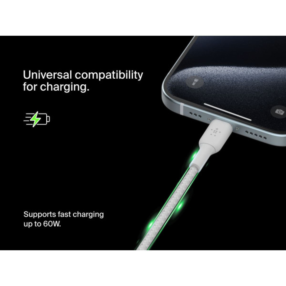 Кабель USB-C > USB-C заряджання/синхронізації Belkin 2м, 60Вт, Type-C, плетений, білий
