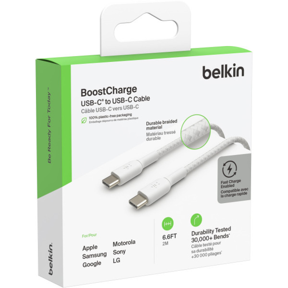 Кабель USB-C > USB-C заряджання/синхронізації Belkin 2м, 60Вт, Type-C, плетений, білий