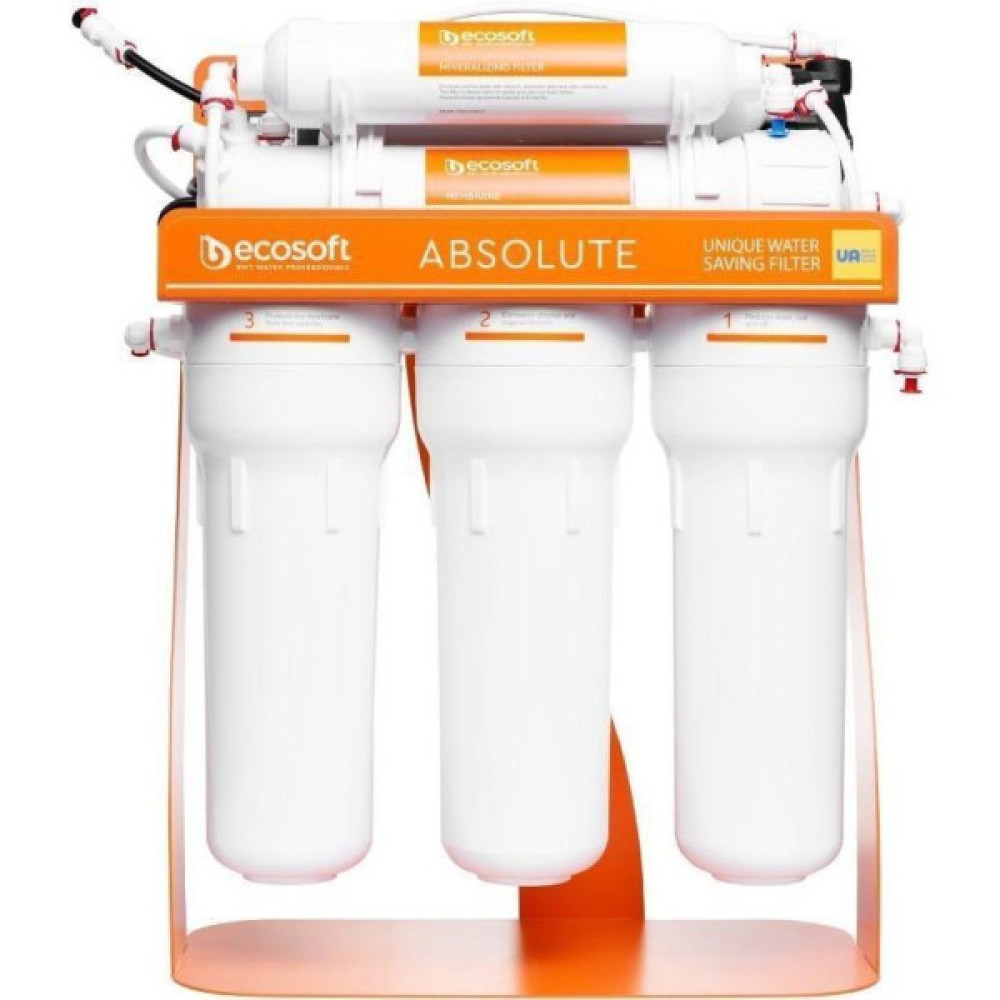 Фільтр зворотного осмосу Ecosoft Absolute з мінералізатором та помпою на станині, мембрана 75gpd DuPont, дренаж 1:1